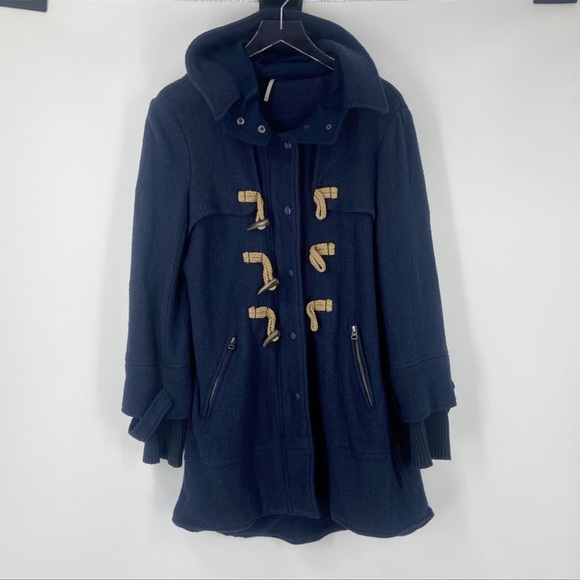 Free People Long Navy Duffle Coat - Picture 2 of 4
